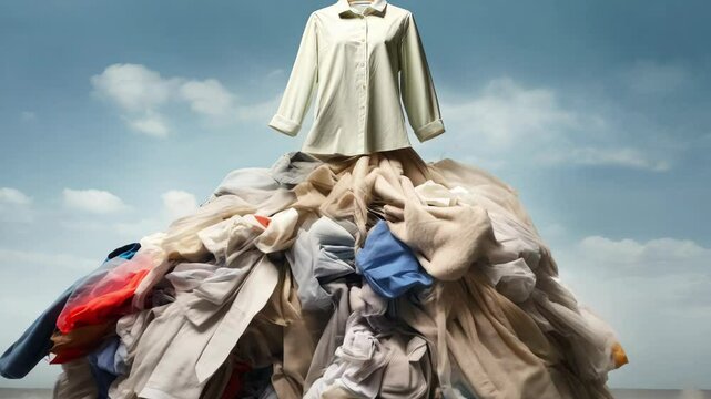 A big pile of things collected from a landfill. The concept of overconsumption, overspending and buying unnecessary things and clothes. Reusing second-hand. A world global problem