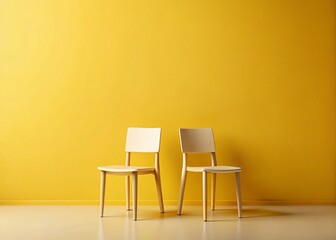 Obraz premium Minimalist Yellow Background Two Chairs Stock Photo - Empty Space for Text