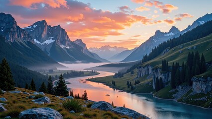 A serene mountain vista bathed in soft morning light. A tranquil river meanders through the pristine, snow-dusted peaks as an azure sky paints itself with hues of orange and pink, while the radiant su