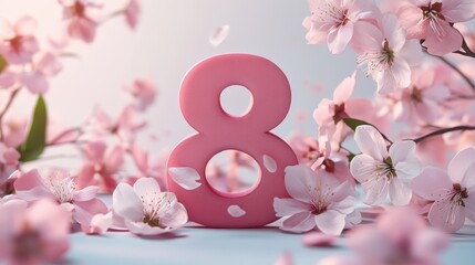 Pink number 8 surrounded by cherry blossoms on light blue background