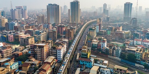 Obraz premium Aerial view of a bustling urban landscape with a train and high-rise buildings.