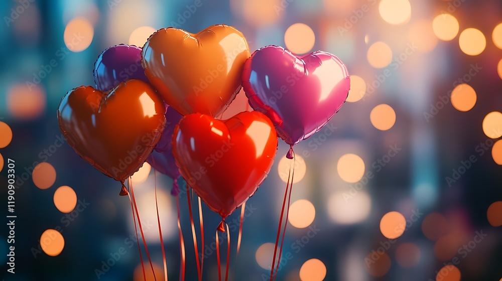 Sticker Colorful heart-shaped balloons against a bokeh background.