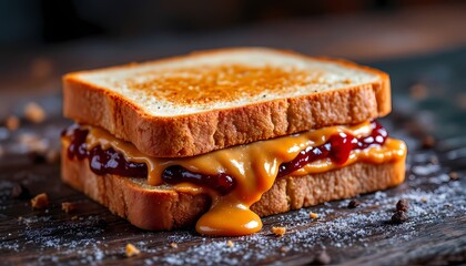 Gooey Peanut Butter and Jelly Sandwich: A Rustic, Delicious Close-Up