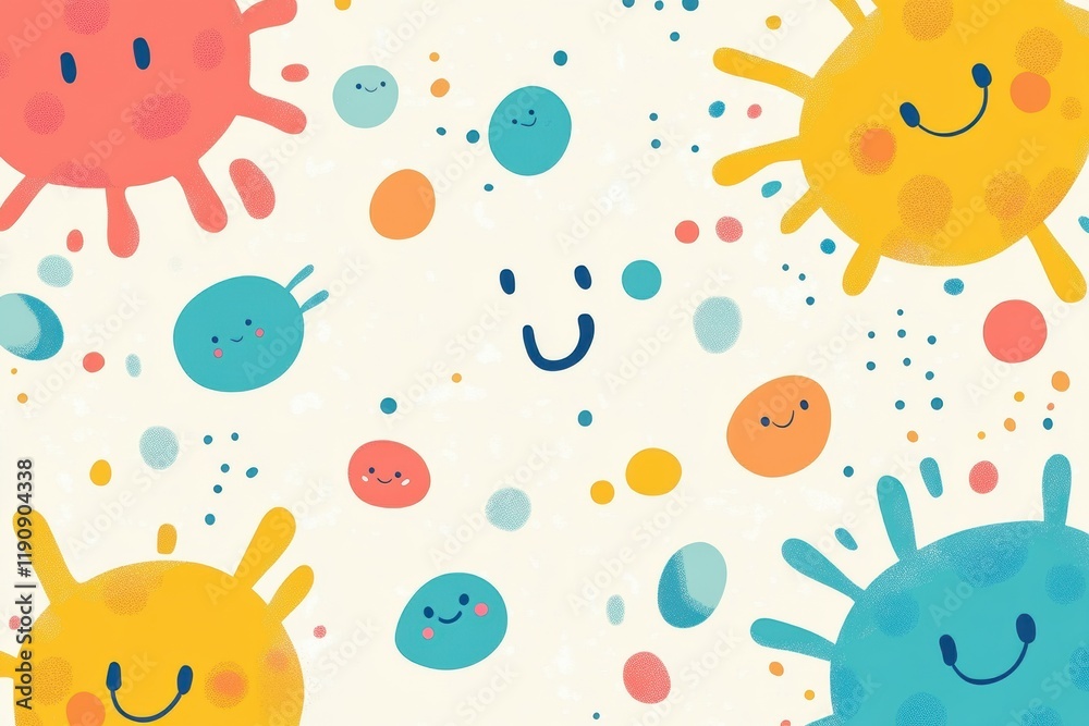 Fototapete Smiling cartoon microbes in a colorful abstract pattern create a cheerful and playful atmosphere. Generative AI