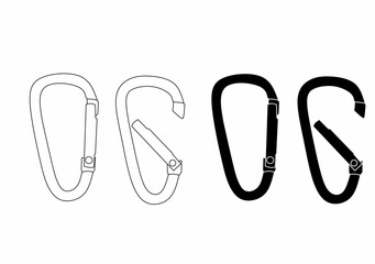 Set of outline carabiner icons, featuring various designs and angles, perfect for outdoor gear, adventure sports, and safety equipment illustrations