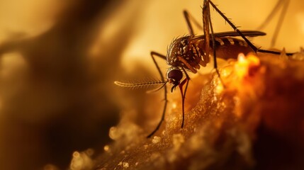 Fototapeta premium Close-up of a mosquito on a surface, showcasing its intricate details. Perfect for articles on insect behavior and habitats.