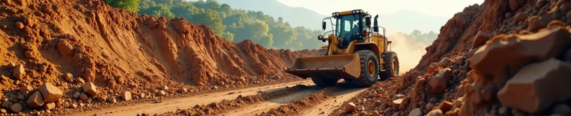 A construction vehicle working on a dirt road in an outdoor landscape.