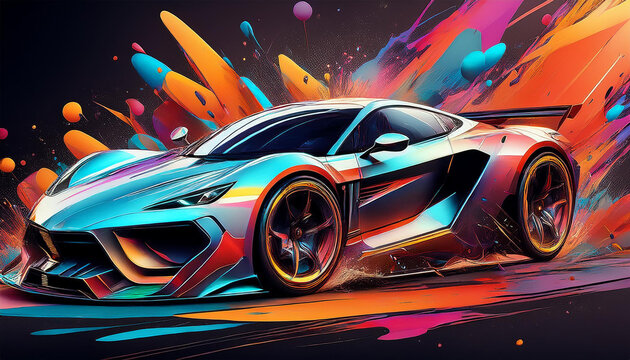 an illustration of a futuristic sports car surrounded by colorful splashes generative ai