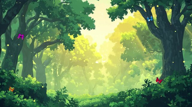 traverse a tranquil forest path bathed in soft light with fluttering butterflies seamless looping overlay 4k virtual video animation background