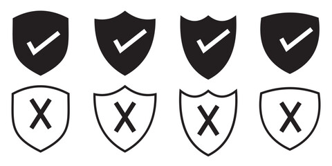 Vector shield icon. Security vector icon. Protection icon. Shield vector icon. Protection is disabled. Verification completed. Checkmark OK and X icons. Symbols YES and NO. 