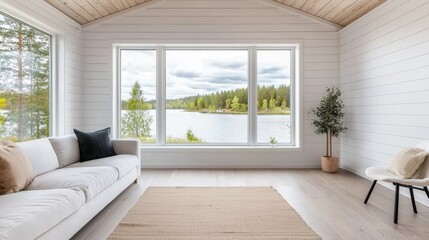 Fototapeta premium A bright, minimalist living room with a cozy sofa, large windows showcasing a scenic lakeside view, and subtle greenery, creating a serene atmosphere.