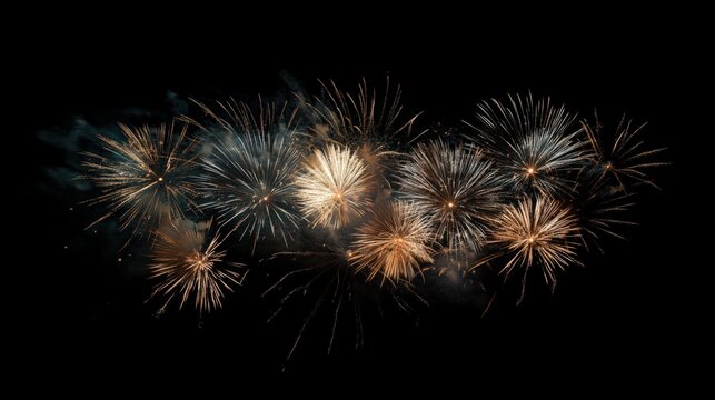 Explosive night sky display of colorful fireworks illuminating a dark horizon during a festive celebration