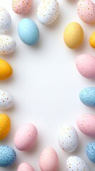 Minimalist Top Down View of Colorful Easter Eggs with a Subtle Frame, Perfect for Celebrating Spring and Festivities Like Chinese New Year and Easter Day