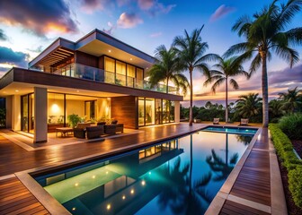 Modern Tropical House Dusk Poolside Luxury Night Photography