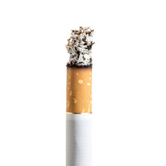 Closeup of Burning Cigarette Stub with Smoke on White Background