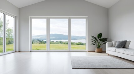 Obraz premium A bright, minimalist living room with large windows showcasing a scenic view of greenery and mountains.