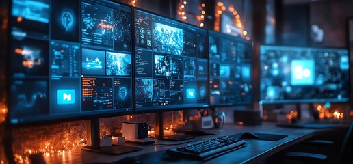 Fototapeta premium Data center screens glowing, night office