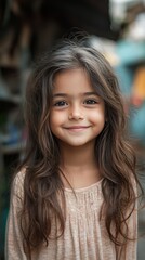 Obraz premium Young girl with curly hair and bright eyes smiling in a rustic setting during daylight