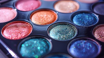 Naklejka premium Vibrant Eyeshadow Palette Close-Up: Bright Shades of Pink, Blue, Orange, and Green in Neatly Arranged Cosmetic Pans