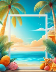 bright summer sea vacation template with a white empty frame in the middle