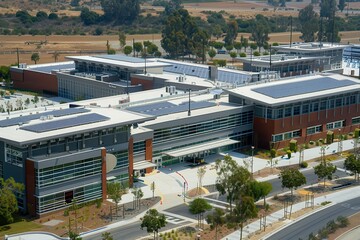Obraz premium Aerial view of a modern educational or corporate building complex with solar panels and landscaped areas.