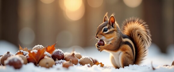 Fototapeta premium Chipmunk Collecting Nuts for Winter
