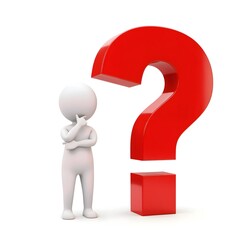 Thoughtful 3D figure standing near a bold red question mark, symbolizing problem-solving, decision-making and uncertainty in a creative design
