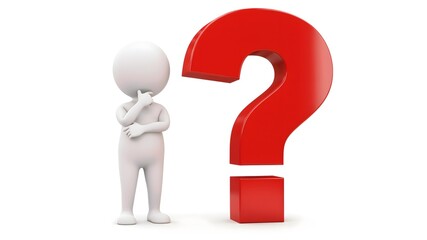 White 3D character with a thoughtful pose next to a large red question mark, perfect for illustrating confusion, brainstorming or decision-making