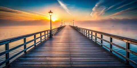 Naklejka premium Monochrome Misty Pier Walkway: Serene Coastal Scene at Dawn