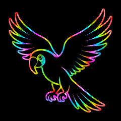Fototapeta premium 飛んでいるオウムの虹色グラデーションのイラスト 黒背景の切り抜き