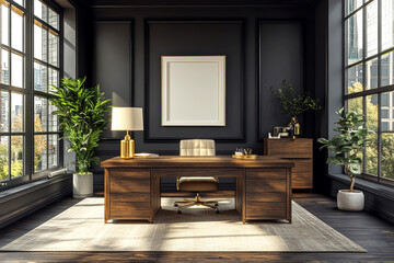 Elegant Executive Office Black Walls and Mockup Frame