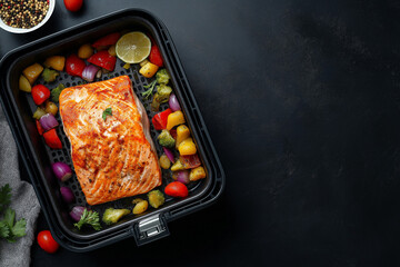 tasty cooked salmon and vegetables served on black table