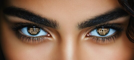 Naklejka premium Close-up of Woman s Eyes with a Glowing Digital Grid of Binary Code, Digital Footprint