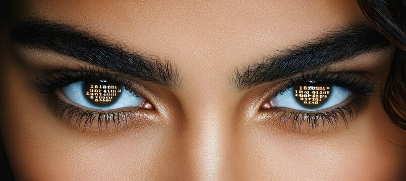 Close-up of Woman s Eyes with a Glowing Digital Grid of Binary Code, Digital Footprint