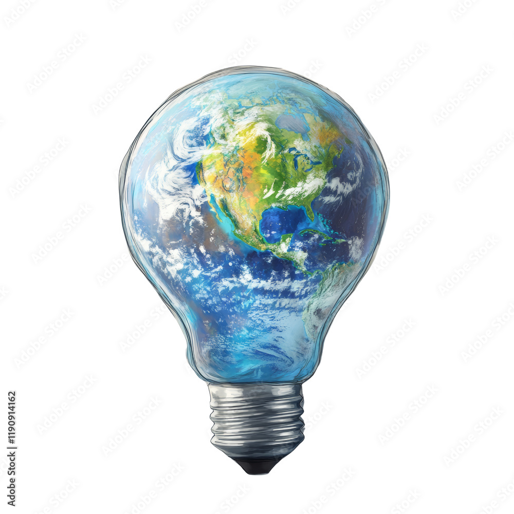 Poster the image depicts planet earth contained within a lightbulb, symbolizing innovative ideas for a sust