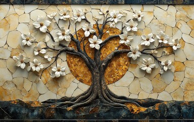 Ornamental Tree of Life Mosaic with Blossoms