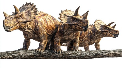 Obraz premium Three Dinosaur Models on a Log - Prehistoric Display for Educational Use