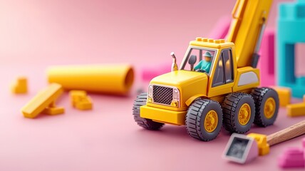A colorful toy construction vehicle amidst building blocks on a pink background, ideal for play and imaginative creativity.