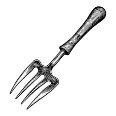Fototapeta premium Detailed Garden Fork in Black and White Outline Line Art Drawing Tool Isolated Antique Style