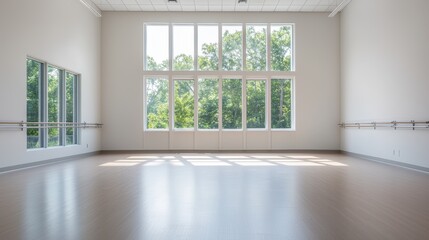 Fototapeta premium A bright, spacious dance studio featuring large windows that allow natural light to illuminate the wooden floor and mirror.