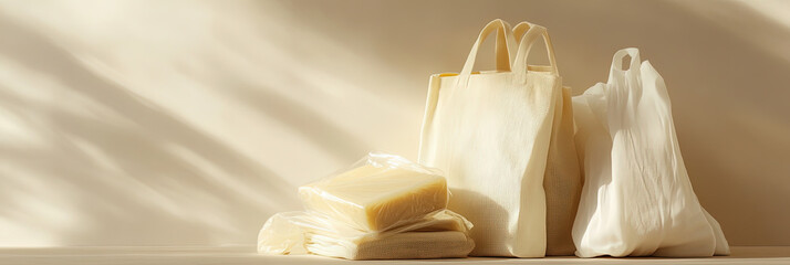 Minimalistisches Arrangement aus wiederverwendbaren Alltagsgegenständen: Baumwolltaschen und Bienenwachstücher auf hellem beigem Hintergrund, mit sanftem Licht