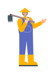 Friendly Asian farmer in wearpack and hat holding farming equipment