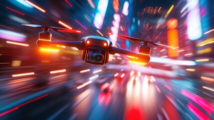 Cinematic depiction of drone technology revolutionizing logistics and delivery in urban areas, showcasing the future of efficient, fast, and sustainable transportation systems for goods and services i