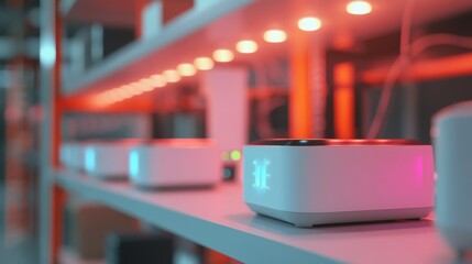 Cryptocurrency mining hardware devices are processing transactions under red lights in a server room, symbolizing the intense activity and heat generated during the process