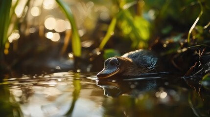 Discover the enchanting world of platypuses in their natural habitat, exploring serene waters amidst lush greenery at sunset.