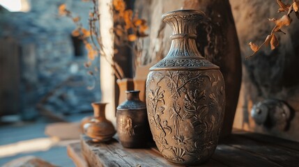 Embossed vase and dry plants resting on rustic wooden shelf