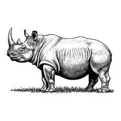 Fototapeta premium Rhinoceros Side View Standing Detailed Black and White Outline Line Art Drawing