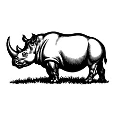 Fototapeta premium Rhinoceros Standing with Side View in Detailed Black and White Outline Line Art Drawing