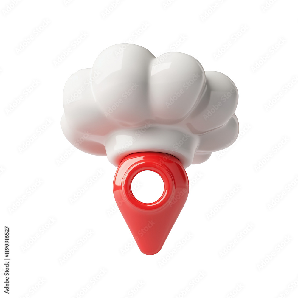 Poster a 3d rendered image of a white chefs hat atop a red location pin.