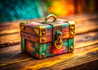 Obraz premium Mysterious Locked Wooden Box on Rustic Table - Tilt-Shift Miniature Photography